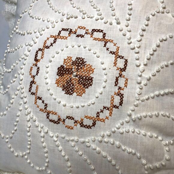 VTG Cross Stitch Linen Pillow Handmade Ruffle Lace French Knots Cottage Core 13” - Picture 2 of 5